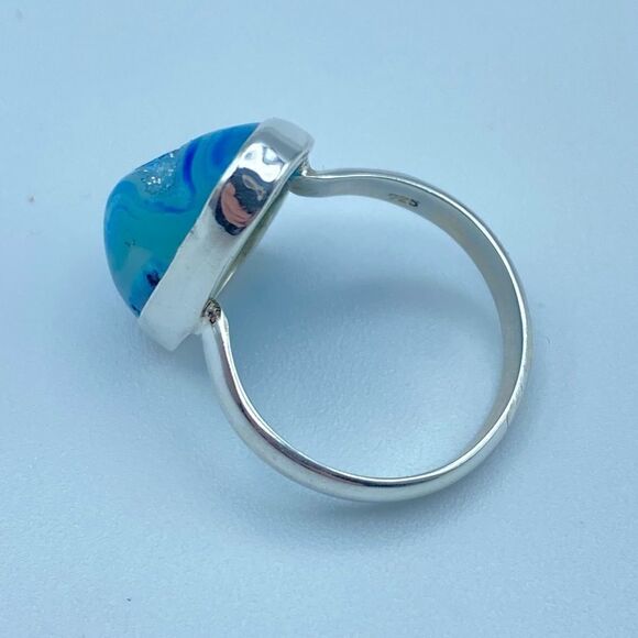 Marine Blue Aura Druzy Sterling Silver Ring Jewelry Size 9 - Picture 7 of 8